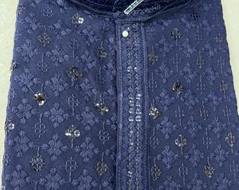 Chikankari Kurta blu navy per uomo; Pigiama Kurta da uomo pesante Lakhnawi Kadhai; Abbigliamento etnico da uomo indiano; Abbigliamento tradizionale indiano da uomo