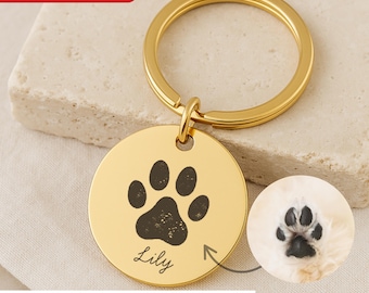 Custom Pet Paw Print Keychain, Personalised Paw & Name Engraved Keepsake, Dog Cat Memorial Gift, Pet Loss Jewellery, Pet Lover Gift