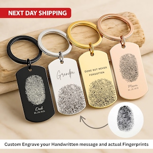 May include: A selection of keychains with engraved fingerprints and custom text. The keyrings are in black, silver, gold, and rose gold. Each keychain features a different message, such as "Dad," "Grandpa," and "Mom." The image also includes a fingerprint graphic.