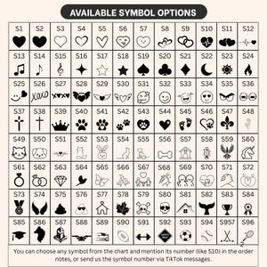 May include: A grid chart titled AVAILABLE SYMBOL OPTIONS containing 96 numbered black icons including hearts, stars, animals, sports equipment, and various shapes. The bottom text instructs to choose a symbol by number in order notes.
