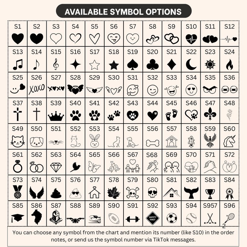 May include: A grid chart titled AVAILABLE SYMBOL OPTIONS containing 96 numbered black icons including hearts, stars, animals, sports equipment, and various shapes. The bottom text instructs to choose a symbol by number in order notes.