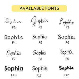May include: A chart titled AVAILABLE FONTS displaying twelve distinct black typeface styles labeled F1 through F12. Each font style shows the name Sophia in a unique script, serif, or sans-serif design, arranged in a grid of four rows and three columns.