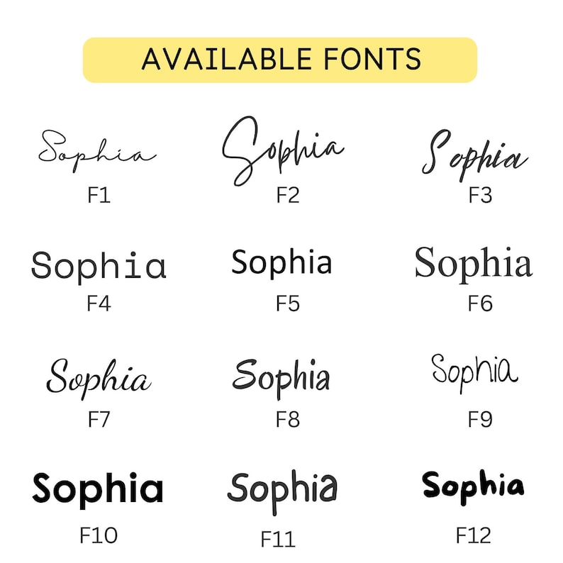 May include: A chart titled AVAILABLE FONTS displaying twelve distinct black typeface styles labeled F1 through F12. Each font style shows the name Sophia in a unique script, serif, or sans-serif design, arranged in a grid of four rows and three columns.