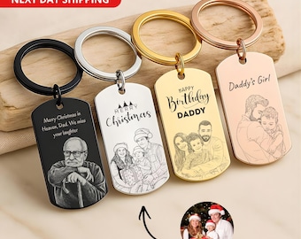 Personalised Photo Keychain Custom Engraved Sketch Keyring for Dad Memorial Stainless Steel Keepsake Birthday Gift for Him Christmas Gift