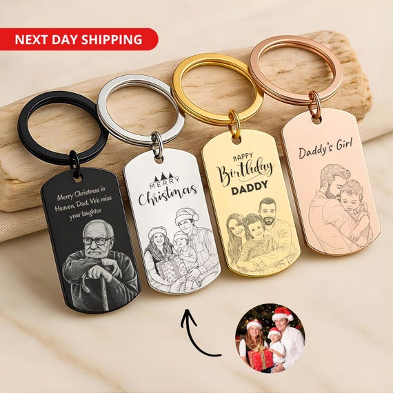 Personalised Photo Keychain Custom Engraved Sketch Keyring for Dad Memorial Stainless Steel Keepsake Birthday Gift for Him Christmas Gift
