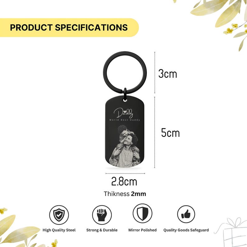 May include: A black metal keychain with a rectangular tag featuring an engraved photo of a person carrying a child on their shoulders. The tag measures 5 cm by 2.8 cm with a 2 mm thickness, and the ring has a 3 cm diameter. Text reads Daddy World Best Daddy.