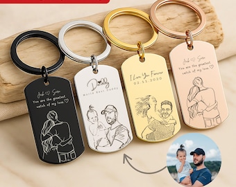 Personalised Photo Sketch Keychain Memorial Gift, Custom Rectangle Keyring with Engraved Text, Stainless Steel Keepsake Key Chain Gift