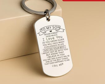 Personalised “To My Son” Keychain from Mom, Custom Engraved Quote Birthday/Christmas Gift, Stainless Steel Keepsake Mirror Polished Pendant