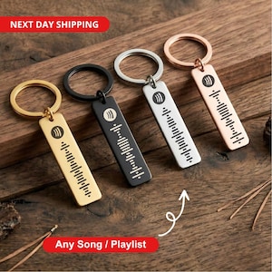 Pode incluir: Quatro chaveiros de metal nas cores dourado, preto, prata e ouro rosa, cada um com um código Spotify e um anel. Os chaveiros são exibidos em uma superfície de madeira. O texto "Any Song / Playlist" é visível.