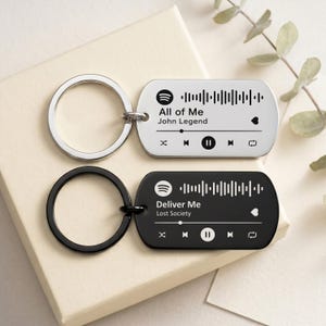 Puede incluir: Dos llaveros rectangulares de metal con esquinas redondeadas, uno plateado y otro negro. Cada uno presenta una interfaz de reproductor de música impresa con el logo de Spotify, onda sonora, título de canción, artista, corazón y botones.