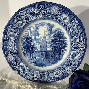 Liberty Blue platter, vintage dishes, vintage china, old china, collectible dishes, Liberty Blue creamer, sugar bowl and gravy boat.