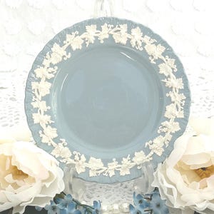 May include: A light blue plate with a white floral vine design around the rim. The plate has a scalloped edge and is displayed on a clear stand. The plate is surrounded by white and blue flowers.