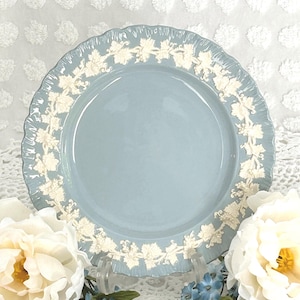 May include: A light blue plate with a decorative white vine and leaf border. The plate has a scalloped edge and is displayed on a clear stand. The plate is a decorative piece for serving or display.