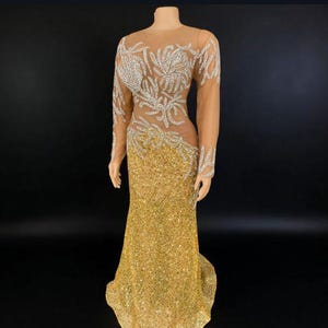 Glitzerndes Abendkleid mit Strasssteinen, Hochzeitskleid, Illusion Hand Perlen Meerjungfrau-Kleid, Glitzernde Geburtstagsfeier, Gold Abendkleid