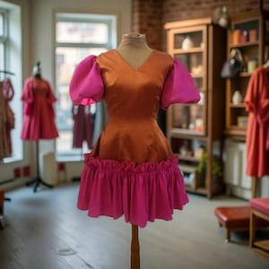 Vestido de fiesta de satén, vestido elegante y llamativo, vestido con mangas abullonadas, vestido con volantes hecho a mano, vestido de noche, vestido sencillo, vestido con vuelo.