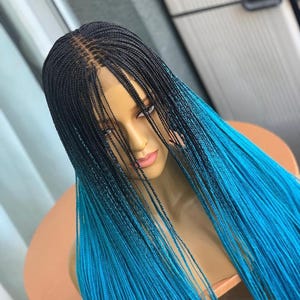 Handmade Box Braids Wig, Synthetic Lace Front Wig, Long Blue Box Braids Wig, Braided Wig, Gifts