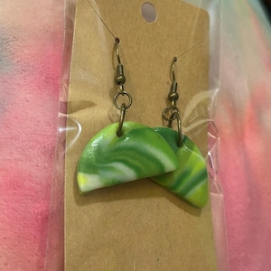 Polymer clay Earrings | Marble Green and White | Statement Earrings | Handmade | Half Circle Shaped | Dangle Earrings