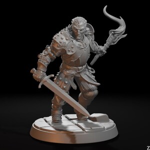 May include: A gray miniature figure of a warrior in armor, holding a sword and a flaming torch. The figure is standing on a circular base with a tiled pattern. The miniature is a detailed fantasy figurine.