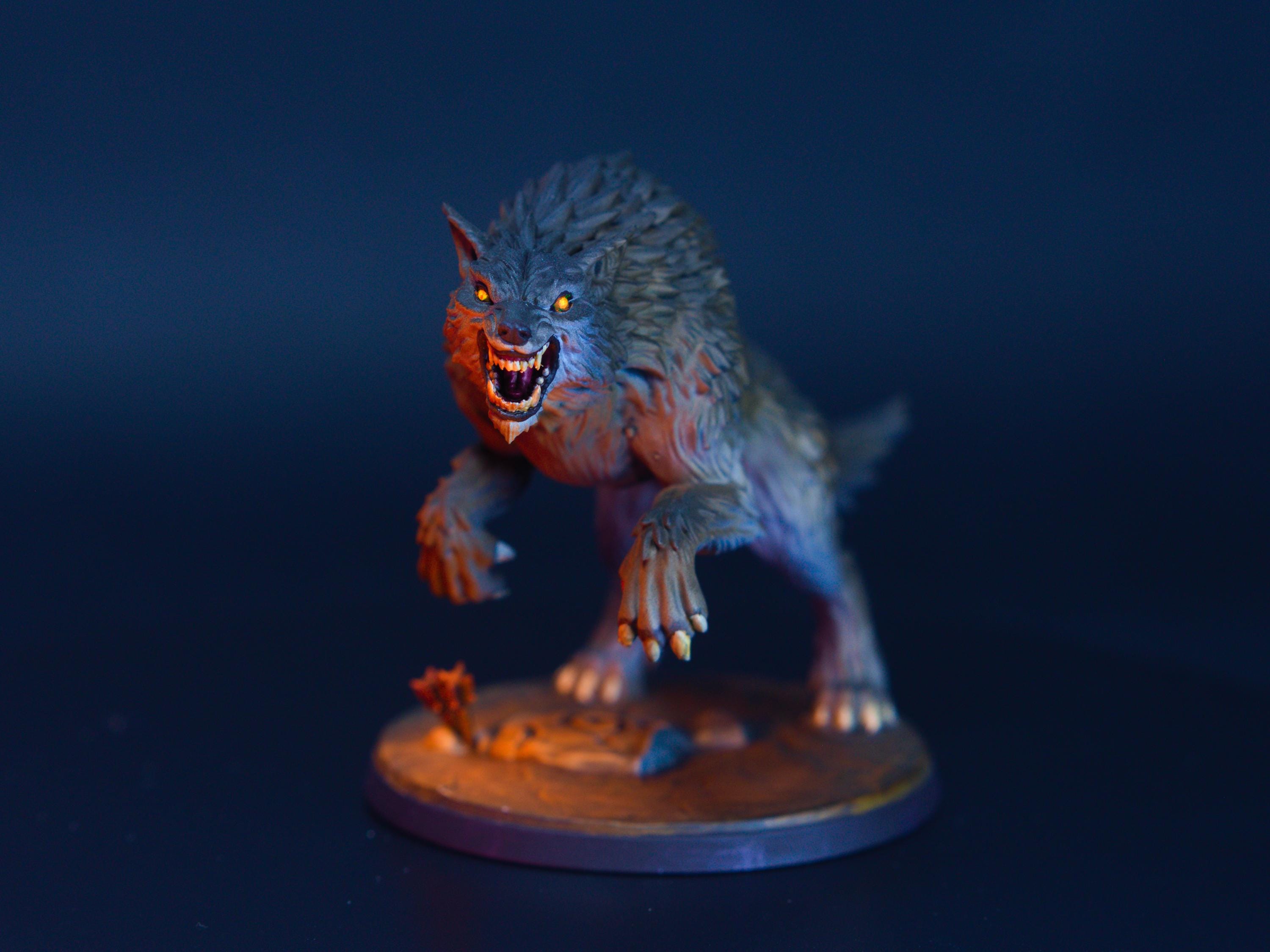 Fire-Lit Dire-Wolf | Painted Miniatures for DnD | Animal / Druid Wildshape / Enemy Beast - Large | Tabletop RPG Minis for Dungeon Masters