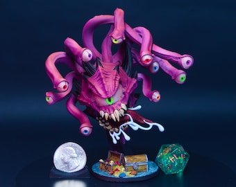 May include: A detailed, hand-painted miniature of a fantasy creature with multiple eyes and tentacles. The figure is predominantly pink and purple, with a large central eye and several smaller eyes of various colors. A quarter, a treasure chest, and a 20-sided die are also present.