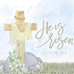 Pode incluir: Uma ilustração em aquarela de uma cruz de madeira com um pano branco drapeado sobre ela. A cruz é cercada por lírios brancos e pedras. O texto "Ele ressuscitou" está escrito em cursiva com a referência bíblica "Mateus 28:6" abaixo.