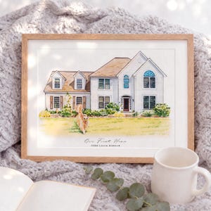 Huisportret op maat in aquarel, handgeschilderd huisportret met huisdier, aandenken voor een housewarming, cadeau voor makelaars of huiseigenaren, schilderij van een foto
