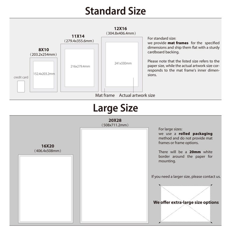 May include: Diagram showing standard and large print sizes, including 8x10, 11x14, 12x16, 16x20, and 20x28 inches, with corresponding metric measurements. Text details mat frame and packaging options.