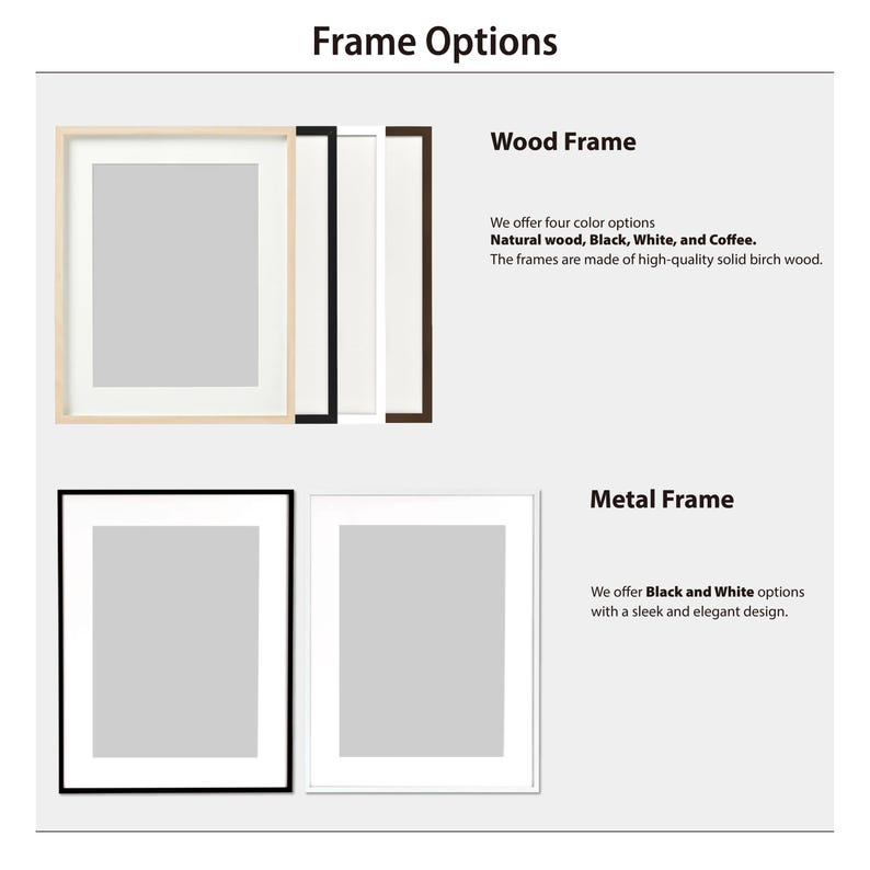 May include: Image showcasing frame options, including wood frames in natural, black, white, and coffee colors, and metal frames in black and white. Text details the frame materials and design choices.