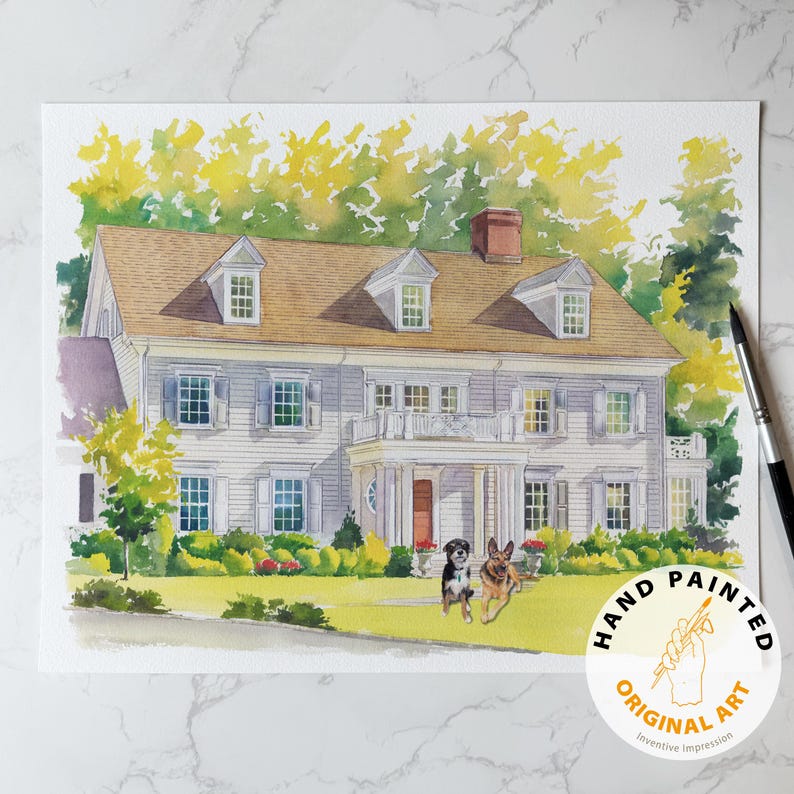 May include: Watercolor painting of a large white house with a brown roof, dormers, and shutters. Two dogs are running on the front lawn. The painting has a hand-painted look with the text "HAND PAINTED ORIGINAL ART" in a circular logo.
