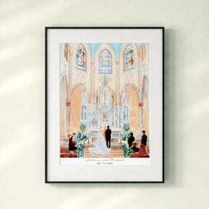 May include: Framed watercolor print of a wedding ceremony in a church. The artwork depicts a bride and groom at the altar, with guests and musicians present. The church interior features stained glass windows and ornate architectural details. The names "Juliana and Michael" and the date "May 16, 2028" are written on the bottom.