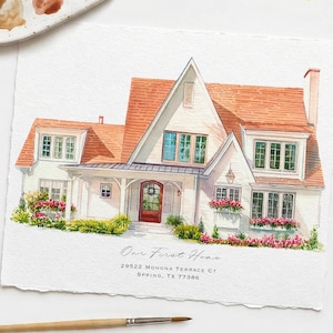 May include: Watercolor painting of a white house with a red roof, surrounded by greenery and pink flowers. The text "Our First Home" is written above the address: 29522 Monona Terrace Ct, Spring, TX 77386.