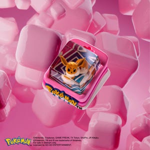 May include: A pink and white Pokemon Asia themed collectible featuring an Eevee figure inside a clear case. The figure is orange, white, and brown. The background is a gradient of pink cubes. The Pokemon logo is visible.