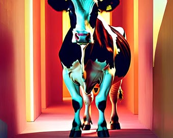 シュールな牛のアートプリント - 鮮やかな階段の動物の壁飾り、モダンポップアート、カラフルな面白い牛のポスター、風変わりなホームデコレーションデジタルダウンロード