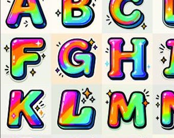 大胆なネオンカラーのアルファベット文字と記号 | レインボーグラデーションフォントクリップアート | クラフト、ステッカー、プリント用のPNG、SVG、PDFデジタルダウンロード