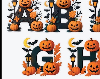 Halloween Alphabet PNG | Pumpkin Letters Clipart | Spooky Font A-Z | Jack-o'-Lantern Digital Letters | Fall Halloween Decor for Kids