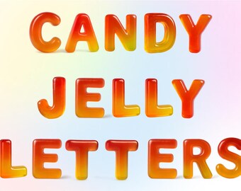May include: The words "CANDY JELLY LETTERS" are displayed in a vibrant, three-dimensional style. Each letter is rendered in a gradient of red, orange, and yellow, resembling gummy candies. The letters are arranged in three rows against a soft, colorful background.