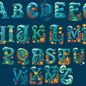 Ocean Alphabet PNG | Sea Life Letters A-Z Clipart | Underwater Digital Font | Kids Printable Beach Letters | Sea Theme Alphabet