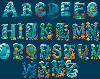 Ocean Alphabet PNG | Sea Life Letters A-Z Clipart | Underwater Digital Font | Kids Printable Beach Letters | Sea Theme Alphabet