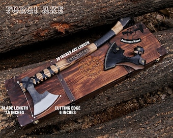 Hand Forged Viking Axe, Carbon Steel Hatchet, Ash Wood Handle, Leather Sheath