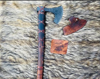 Handmade Carbon Steel Viking Axe: Bearded Camping Hatchet with Leather Sheath