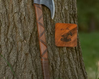 Hand Forged Carbon Steel Viking Axe: Ragnar Battle Ready with Leather Case