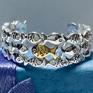 Swimming Against the Current Adjustable Ring | Gold Fish Design with School of Fish | Unique Gift for Him or Her | Silver Precious Alloy