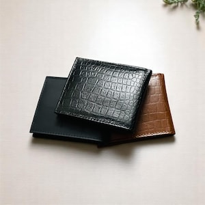 Carteira elegante de couro com relevo de crocodilo preto – dobrável com 8 compartimentos para cartões