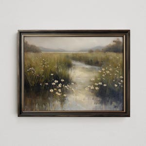 Lámina decorativa de pared con paisaje de pradera y río de estilo vintage, ideal para decorar cabañas francesas junto al lago (descarga digital imprimible SC205)
