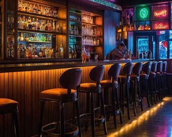 May include: A dimly lit bar with a wooden bar top and a row of bar stools. The bar is decorated with neon lights and has a variety of bottles on shelves behind the bar.