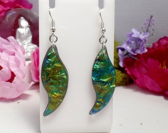 Faux Green Opal Earrings - Dichroic Earrings - Mermaid Earrings - Colorful Earrings - Elegant Earrings - Leaf Earrings