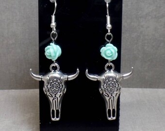 Blue Flower Cow Skull Earrings - Steer Skull Earrings - Boho Cow Skull Earrings - Southwestern Skull Earrings