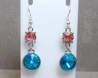 Pink & Blue Rhinestone Dangle Earrings - Crystal drop Earrings - Pastel earrings - Bling Earrings