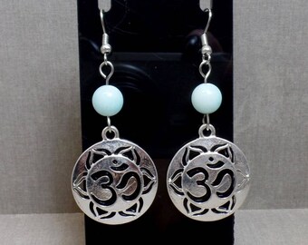 Om Lotus Earrings - Gemstone Om Earrings - Amazonite Earrings - Om Dangle Earrings - Blue Om Earrings