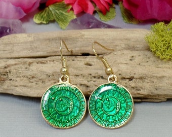 Green Zodiac Medallion Earrings - Green Resin Earrings - Zodiac Coin Style Earrings - Gold Zodiac Charm Earrings - Double Sided